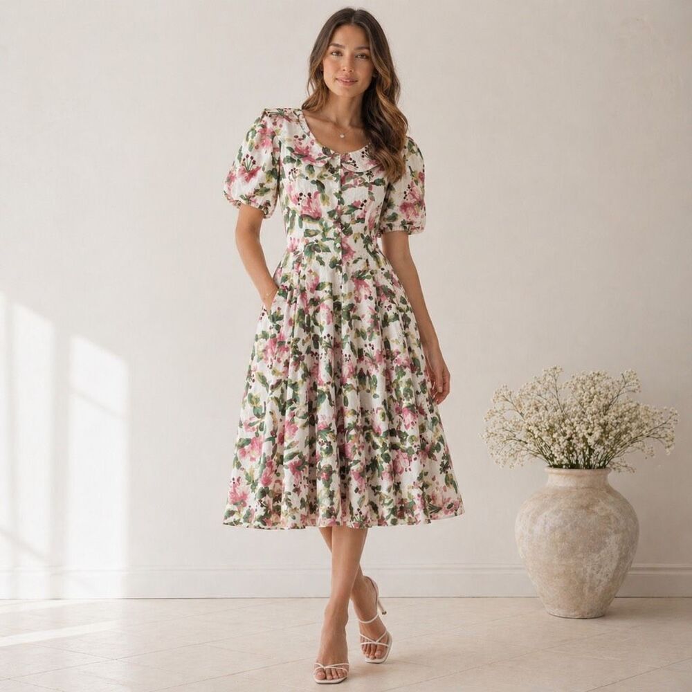 Vintage Claudine Bueché Womens Multicolor Floral Button Down Midi Dress Size 4